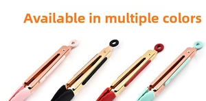 Detail showing colorful silicone tips and gold-plated handles of versatile kitchen food tongs