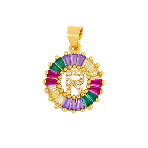 Detail of letter R pendant with colorful cubic zirconia and micro-paved white crystals