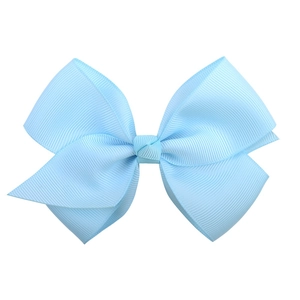 Detailed close-up of light blue grosgrain ribbon bow with ribbed texture and pleated center