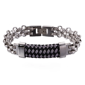 Men's retro stainless steel woven bracelet with silver curved plate and folding clasp