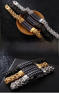 Detail of woven stainless steel men's bracelets in gold, silver and black finishes