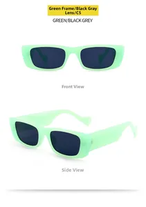 Detailed front and side views of matte green rectangular frame sunglasses with dark grey lenses