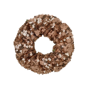 Detailed view of the rose gold sequin hair scrunchie with sparkling metallic texture