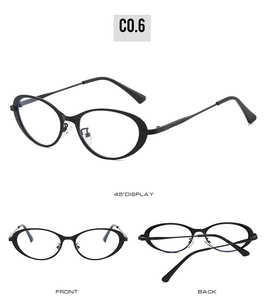 Detail views of black oval eyeglass frames with slim metal temples from multiple angles