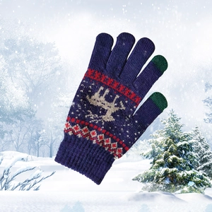 Winter thermal knit gloves with reindeer pattern and touch screen fingertips in navy blue