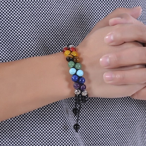 Adjustable double-layer seven chakra stone beaded bracelet with black volcanic lava beads