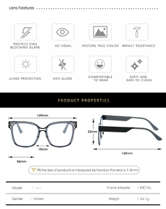 Detailed size specifications for oversized metal anti-blue light glasses with dimensions