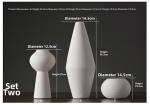 Größentabelle für minimalistische weiße Keramikvasen mit Detailangaben zu Höhe und Durchmesser