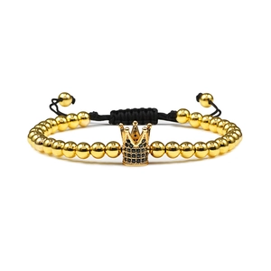 Braided rope bracelet with gold beads and black zircon micro-pave crown pendant