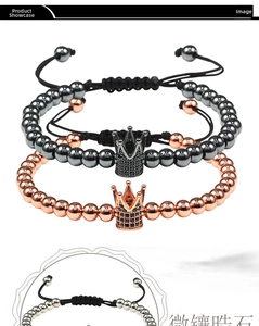 Detail of hand-woven crown bracelet with micro-paved cubic zirconia and metallic beads