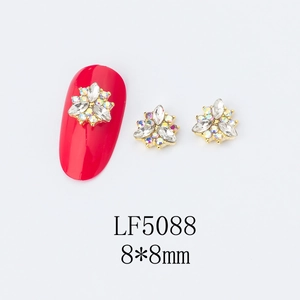 Detailed 8x8mm gold alloy floral nail art charm with marquise diamonds and colorful gems