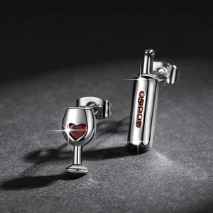 Asymmetric silver studs with red heart zircon wine glass and crystal bottle design