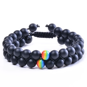 Detail of double-layer beaded bracelet with matte black beads and rainbow accents