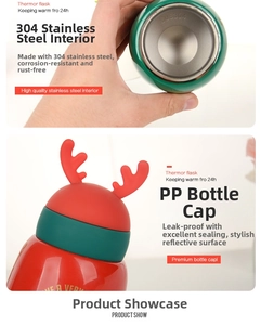 Detail of Christmas elk thermal bottle featuring 304 stainless steel interior and leakproof cap