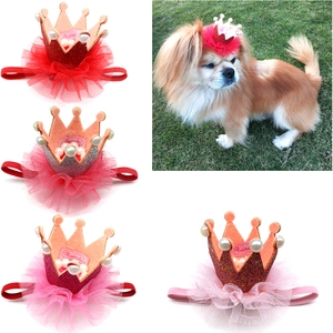 Pet Birthday Crown Hat Mesh Gauze Faux Artificial Pearl Glitter Adjustable Elastic Strap Princess Party Accessory For Dogs Cats