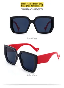Detail view of bold black frames with red arms and unique hollow temple tips