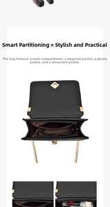 Detail view of the black quilted bag interior with multiple compartments and gold hardware