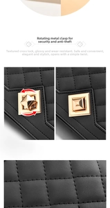 Close-up of golden turn-lock clasp on black quilted leather crossbody bag