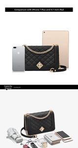 Quilted chain bag size comparison with iPad and internal storage capacity display
