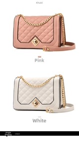 Detailed view of quilted leather chain bags in pink and white with gold hardware locks