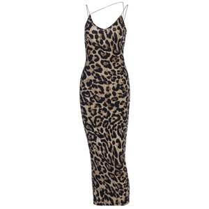 Robe longue sans manches à imprimé léopard avec col en V et taille ajustée