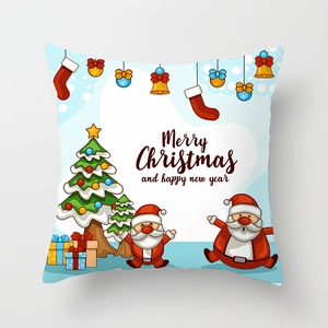 Detail of Santa Claus and snowman cushion cover with Merry Christmas typography