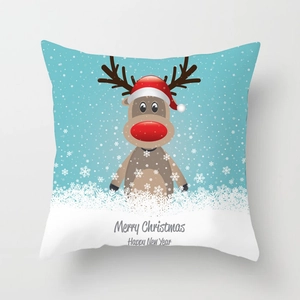 Christmas reindeer pillow cover with Merry Christmas text on blue and white background