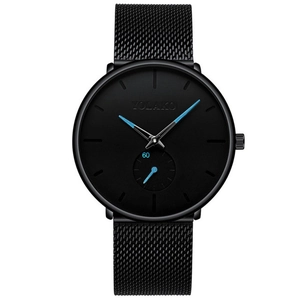 Detail of black mesh strap men's quartz watch with blue hands and small sub-dial
