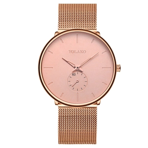 Minimalist men's fashion watch with rose gold mesh band and quartz movement by Yolako