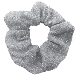 Sparkly silver scrunchie for women with high-density metallic glitter and elastic hair tie