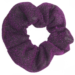 Sparkly dark purple scrunchie with metallic glitter thread and ruched fabric design