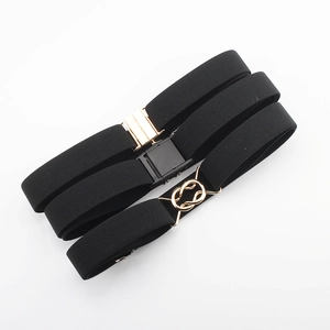 Three-pack black elastic waist belts for women with gold and black metal buckle sets