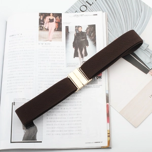 Detailed macro view of dark brown elastic belt with a polished gold rectangular buckle