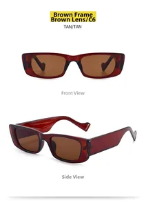 Detail view of small rectangular sunglasses in tan finish showing front and side angles