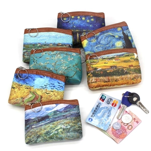 Vintage oil painting canvas coin purse with Van Gogh art prints and metal zipper