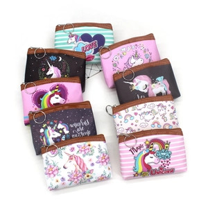Collection of cute cartoon unicorn coin purses with zippers and metal keyrings