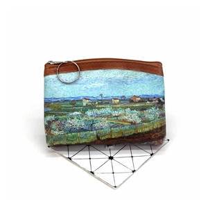 Detail of oil painting print coin purse featuring vintage canvas and brown leather trim
