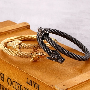 Bracelet manchette tête de loup en acier inoxydable doré et argent antique pour hommes