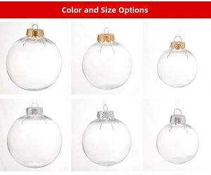 Detailed comparison of clear PET Christmas ornaments in three sizes with gold and silver caps