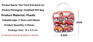 Detailed view of 6-piece red fire truck toy set in transparent PVC bag with sizes