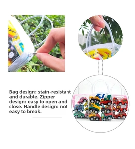 Detail of transparent PVC storage bag with zipper and colorful toy construction vehicles