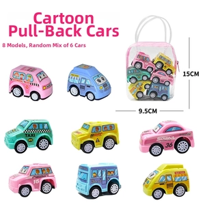 Detailed view of 6-piece mini inertia toy car set inside a 15x9.5cm clear PVC storage bag