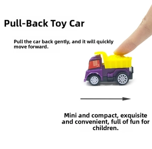 Detail showing the pullback mechanism of a mini purple and yellow construction toy truck