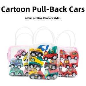 Close-up of 6-piece mini cartoon friction cars in a transparent portable carry bag