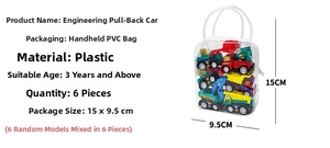 Detailed view of 6pcs mini inertia construction toy cars in a PVC carry bag set