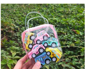 Set of 7 colorful cartoon toy cars in a transparent pink portable storage bag