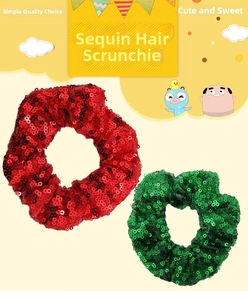 Close-up of red and green sequin scrunchies with reflective high-density round sequins