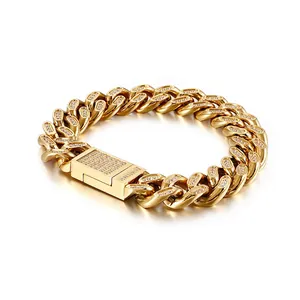 Bracelet À Maillons Cubains Iced Out Acier Inoxydable Strass Bijoux Hip Hop Homme Streetwear Géométrique