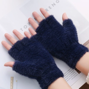Gants épais bleu marine en fausse fourrure à demi-doigts pour la chaleur hivernale