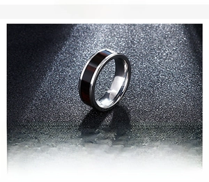 Detailed view of stainless steel ring with dark wood inlay and technical specifications